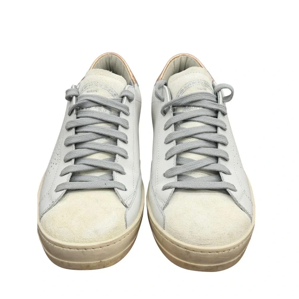 P448 John Sneakers Womens SZ 37 White Gold Low Top Leather Italian Athleisure